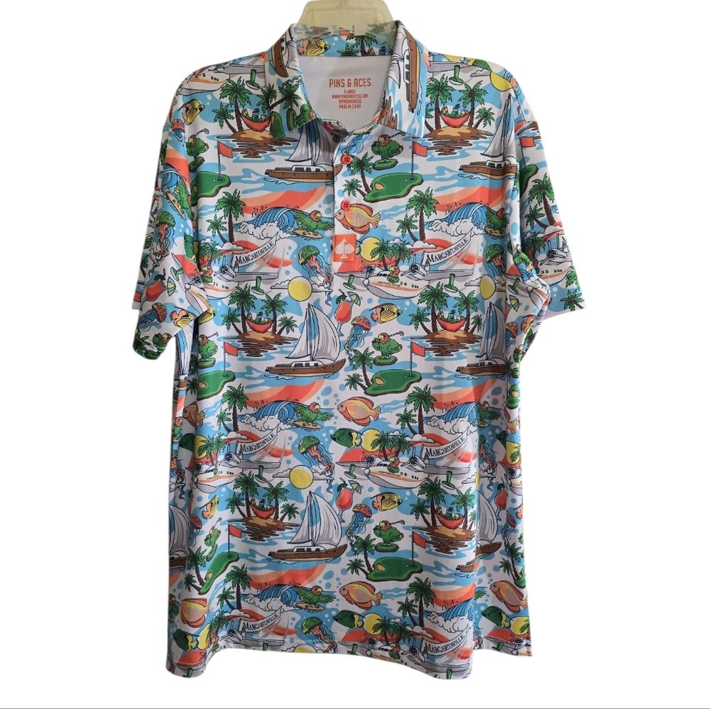 Pins & Aces Margaritaville Pins In Paradise Golf Polo XL Hawaiian Athletic Fit - Picture 3 of 7